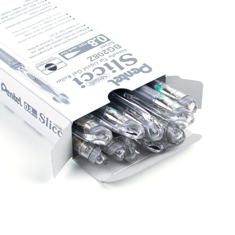 بنتل Pentel Arts Slicci رأس إبرة 0.8 مم، قلم جل متوسط، حبر معدني فضي (BG208-Z)، 12 عبوة - Image 2